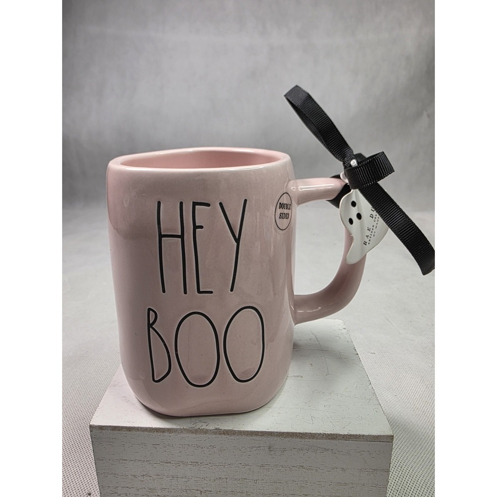 Rae Dunn Mug HEY BOO Pink Double Sided Coffee Cup Love Skeleton Heart NEW